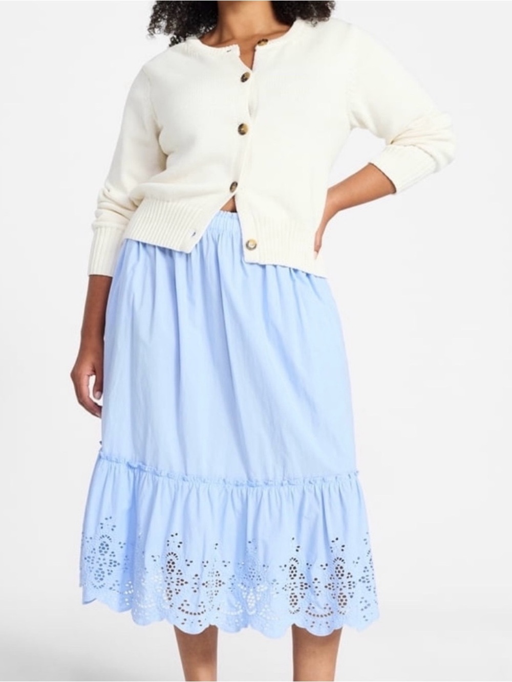 NWT - 100% Cotton Light Blue Eyelet Hem Smocked Waist Skirt